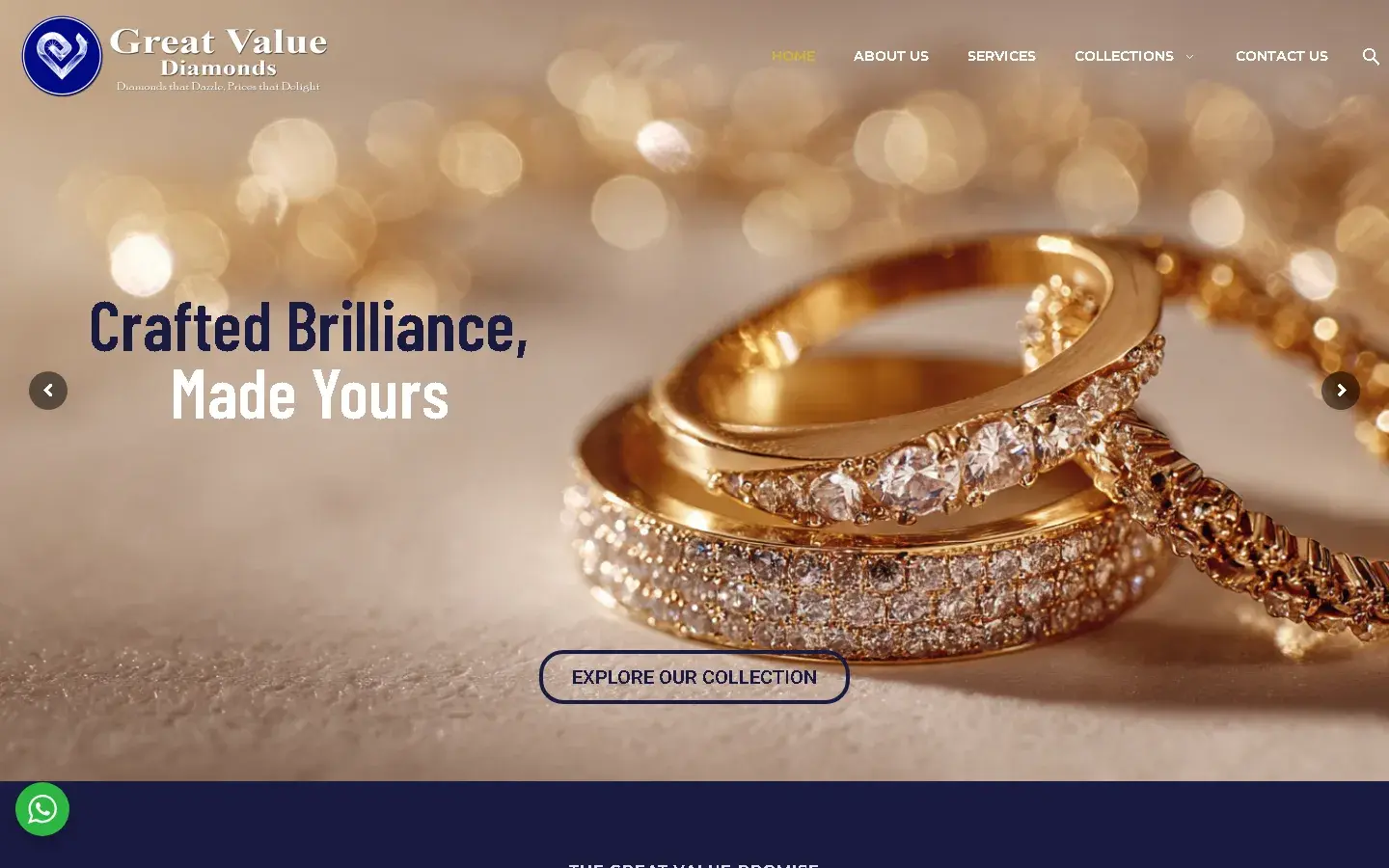 Great Value Diamonds website homepage on a laptop, with the headline 'Crafted Brilliance, Made Yours' over gold diamond rings